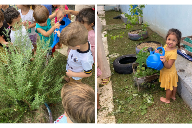 #PraTodosVerem: Imagens mostram crianças do M II B regando plantas. Foto: Arquivo da unidade.