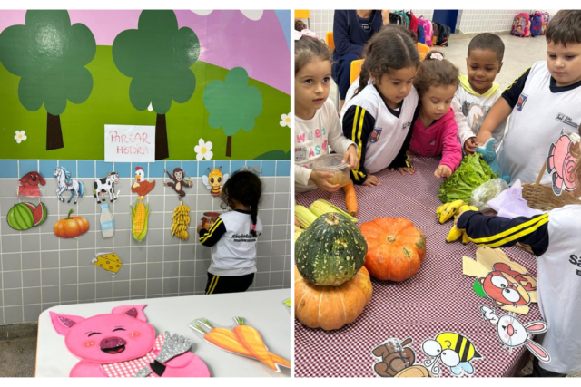 #PraTodosVerem: Imagem 1; Uma menina colocando desenhos de alimentos com os animais que possuem ligação de acordo com o livro, Imagem 2; Crianças observando e tocando alimentos reais. Foto: Arquivo da unidade.