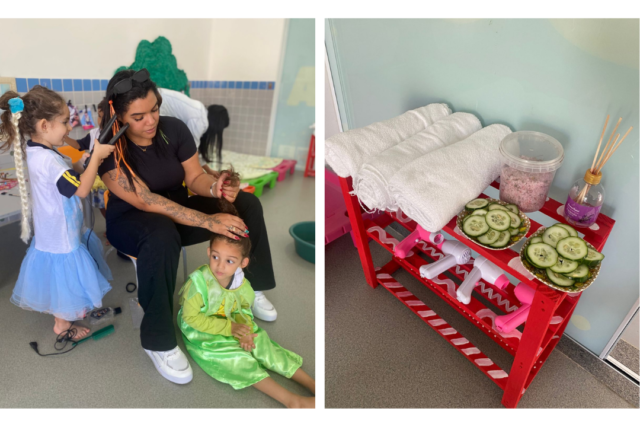 #PraTodosVerem: Imagem mostra cuidadoras e crianças brincando de cabelereiros e outra imagem mostra utensílios usados para o dia do spa. #Foto: Arquivo da unidade.